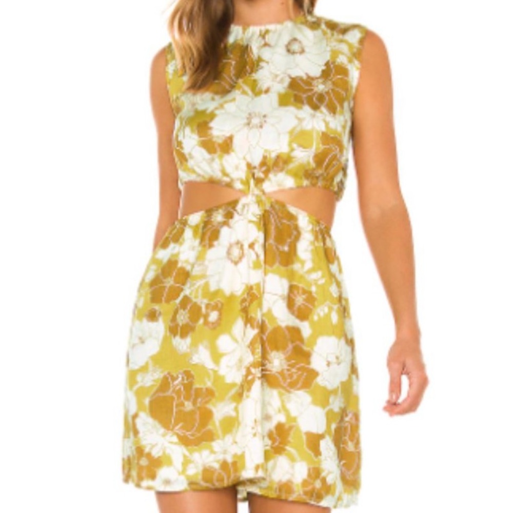 Faithful the brand yellow floral mini cutout linen dress